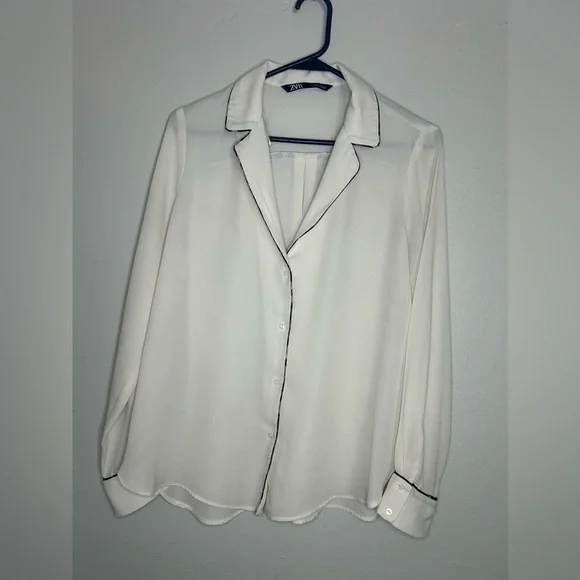 ZARA silky Ivory blouse w/ animal-print piping trim size S - Picture 3 of 14